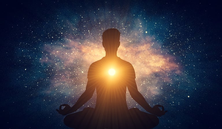 Man and soul. Yoga lotus pose meditation on nebula galaxy
