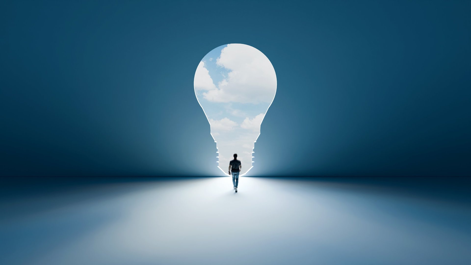 Man walking through a glowing bulb shaped doorway with light streaming in from the sky outside, surreal concept of inspiration