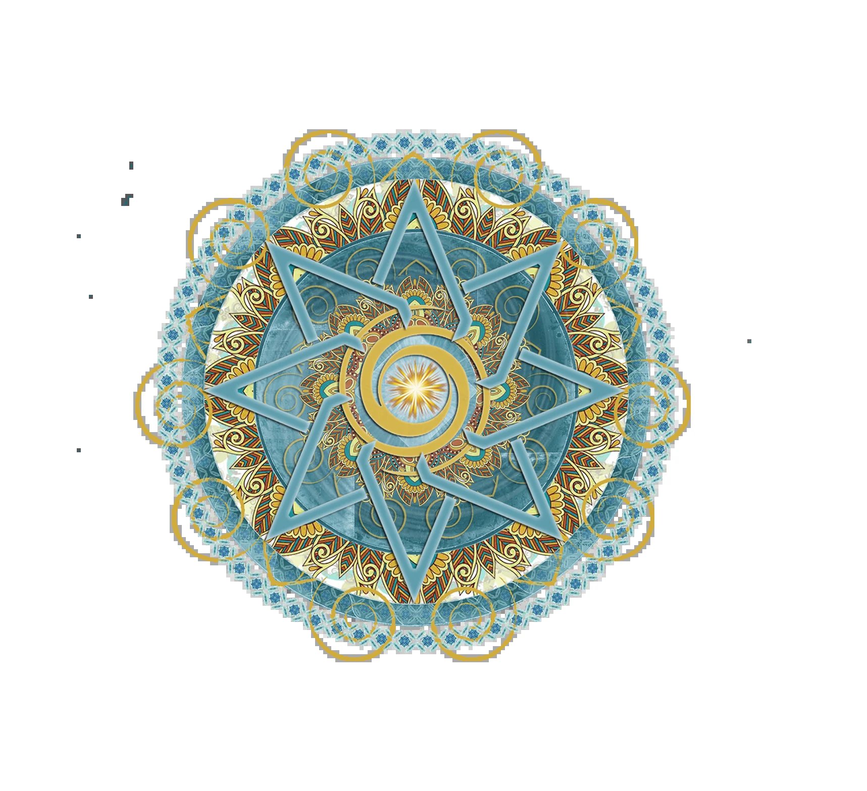 Ornate blue and gold mandala with star pattern and sun symbol in center on black background